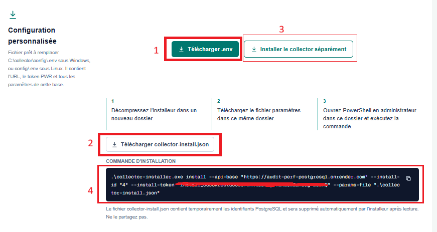 Page Mon collector montrant le téléchargement de la configuration, du fichier collector-install.json et la commande d'installation personnalisée